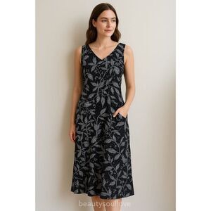 Sunny Side up women's 100% linen Tropical Floral Print Smocked waist Dress SZ XL